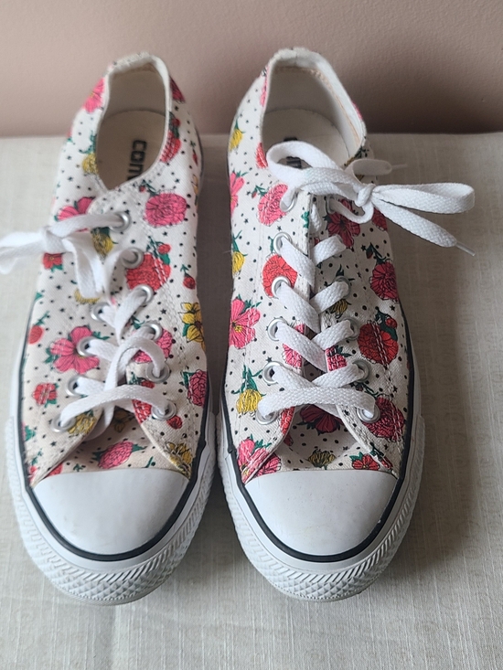 Converse Shoes - Canvas Floral Lace-Up Sneakers - White with Pink & Yellow Flowers